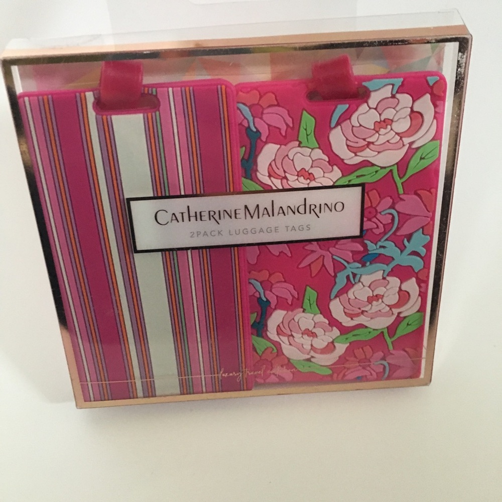 Catherine Malandrino 2-Pack Luggage Tags Pink Floral Stripes NEW